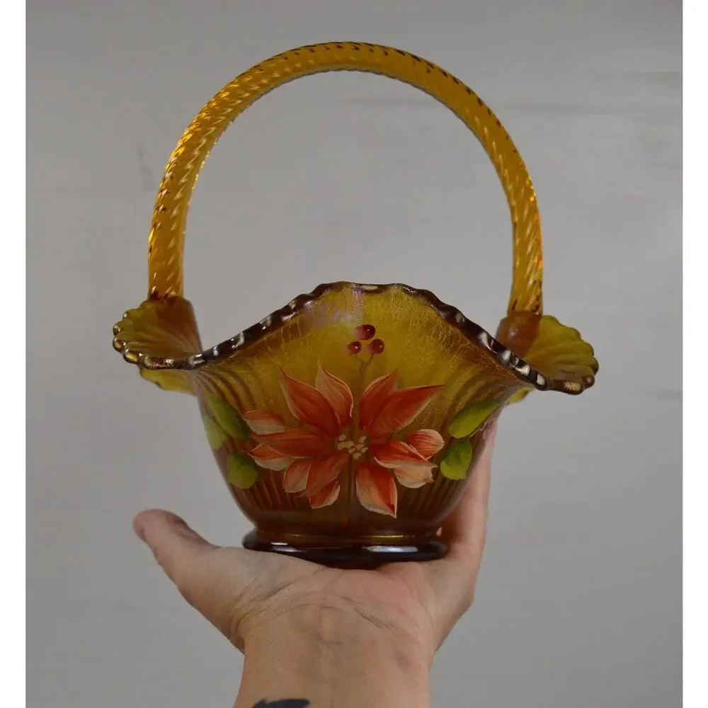 Vintage Fenton Amber Carnival Glass Basket, Christmas Poinsettia